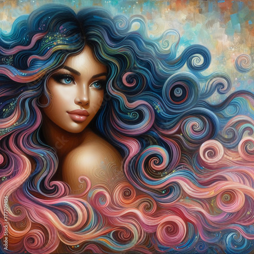 Abstract portrait of a woman with curly hair.