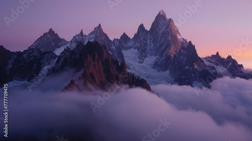 A high mountain pass at sunrise, the peaks illuminated by the first light of day, a carpet of clouds below, the scene imbued with a sense of accomplishment and the beauty of high altitudes.