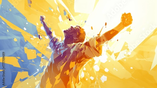 An eSports gamer exults in victory, arms raised, emotion and triumph captured in watercolor splendor photo