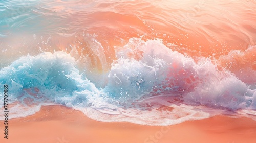 Abstract pastel waves crashing on a sandy beach.