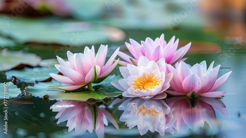 Pink water lilies with reflections on tranquil water