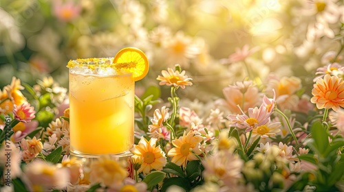 Refreshing orange drink amid blooming flowers at sunset