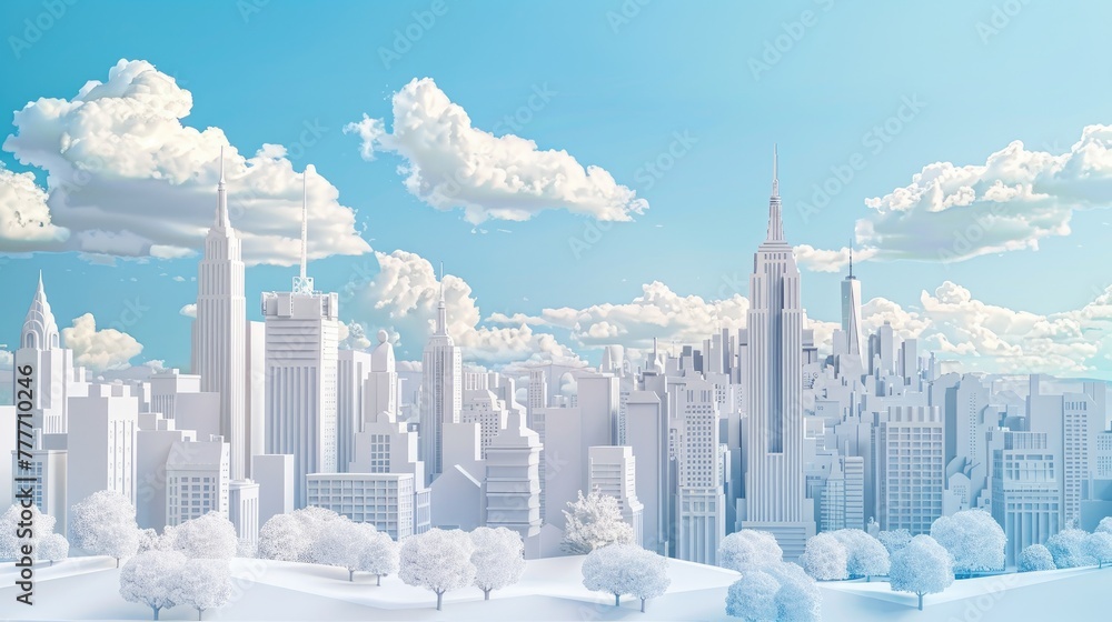 A paper crafted city skyline under a blue cloudy sky