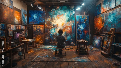 An artist's studio where innovative ideas are visualized as colorful streams of light, flowing from various sources of inspiration.