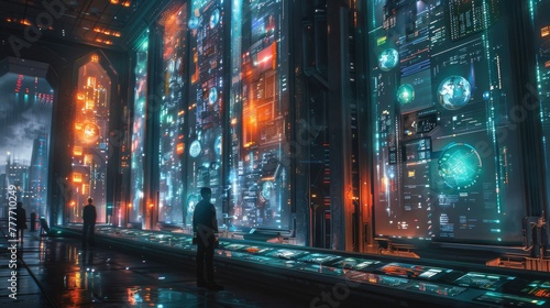 An artist s vision of a futuristic office where efficiency is maximized through advanced technology  including AI assistants and holographic displays.
