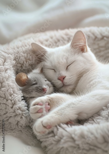 White cat and gray mouse cuddling peacefully