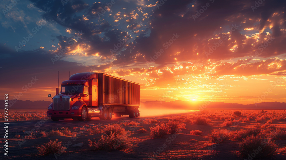 Cargo truck driving through landscape at sunset. Cargo truck driving through landscape at sunset.