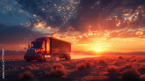 Cargo truck driving through landscape at sunset. © Matthew