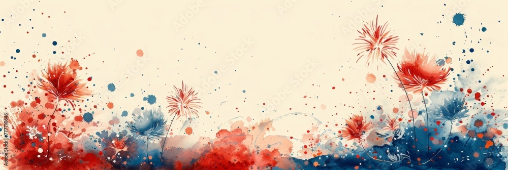 4th of July, Independence Day banner, Watercolors Flowers, AI Generated, copy space