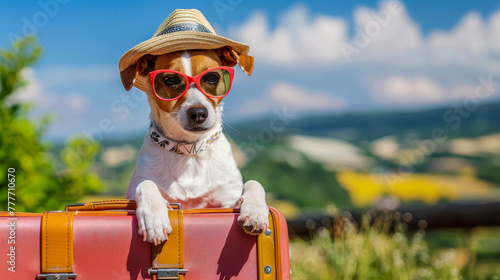 Dog wearing sunglasses and hat sitting with a suitcase in a sunny rural landscape © Radomir Jovanovic