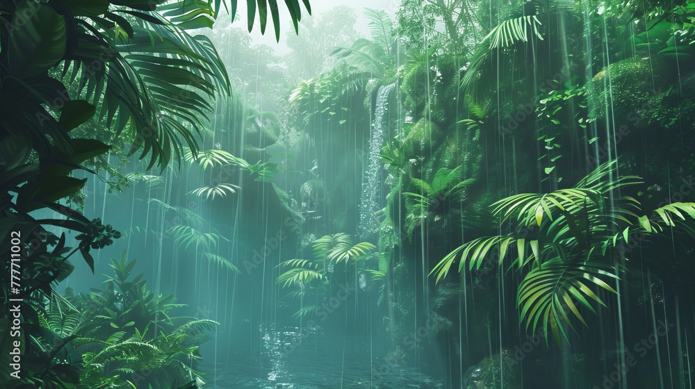 Naklejka premium Animated 3D Rainforest with Rain and wildlife sounds for relaxation.