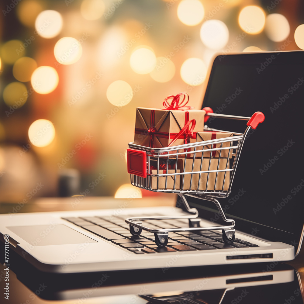 Shopping cart with gift box laptop on wood table Blurred Hd background Online shopping concept