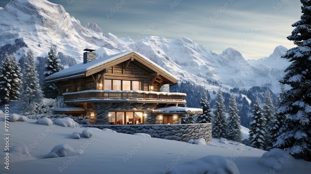 Cozy mountain chalet with snow-covered trees at sunset, offering a picturesque winter landscape.