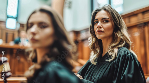 Two female lawyers in robes standing in a courtroom, one in focus and one blurred