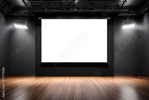Large projection screen on stage, presentation board, blank whiteboard for conference. Screen display for creative design, free space for advertisement. Advertising mockup concept. Copy ad text space photo
