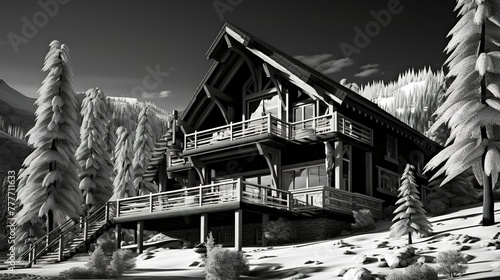 A photo of a Chalet Home in Black and White