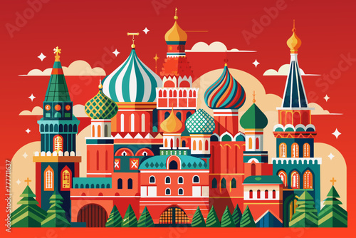Moscow Red square buildings, fairytale style, St. Basil's Cathedral, Kremlin