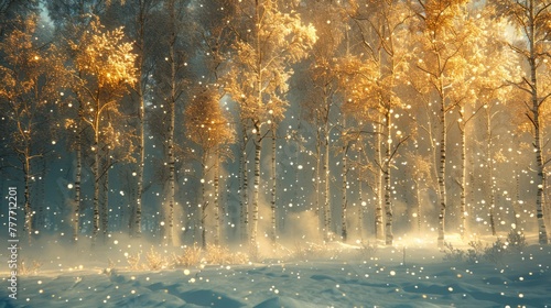  A winter scene with snow falling from trees and snowflakes descending from them