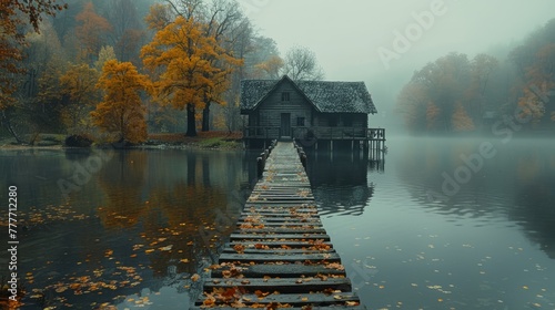   A dock in a body of water with a house in the background on a foggy day