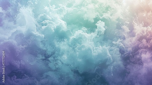 Artistic rendering of a split weather phenomenon, one side depicting a soft, pastel lavender mist, and the other a textured, pastel mint green frost, blending atmospheric conditions. photo