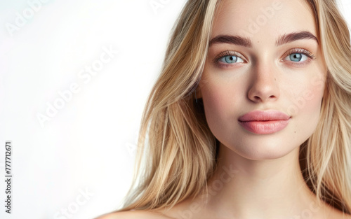 Blonde woman with blue eyes and pinkish tint to her lips. She has very pretty face and is smiling