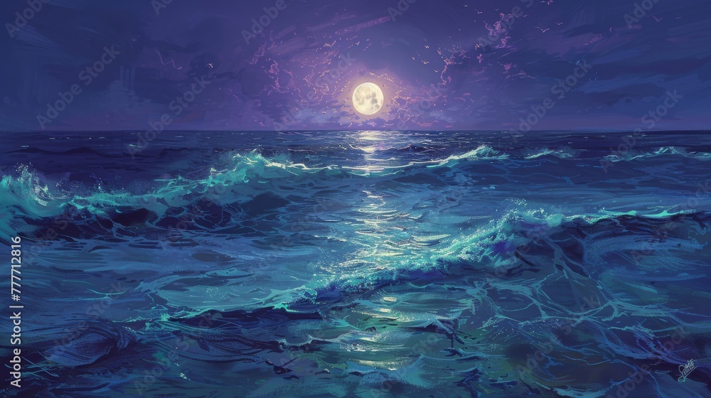 Concept art of a split sea under the moonlight, one half of the water smooth and glowing in pastel lavender, the other half textured with pastel mint green waves.
