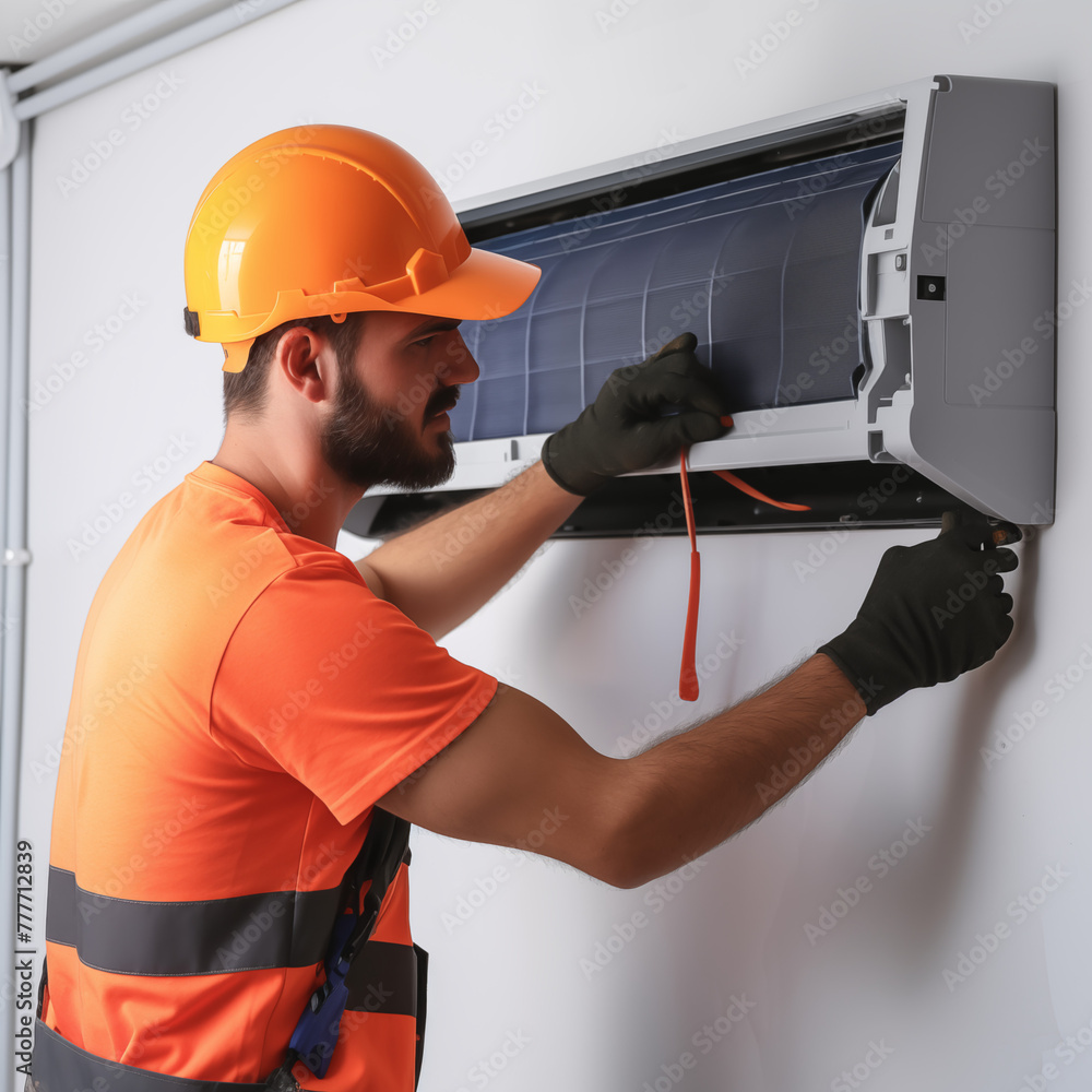 An expert HVAC worker is installing or repairing an air conditioner in a house, a quick and effective solution to cool the environment.

