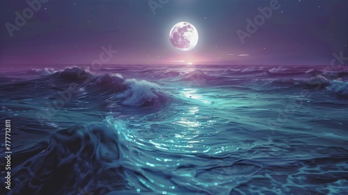 Concept art of a split sea under the moonlight, one half of the water smooth and glowing in pastel lavender, the other half textured with pastel mint green waves. © Exnoi