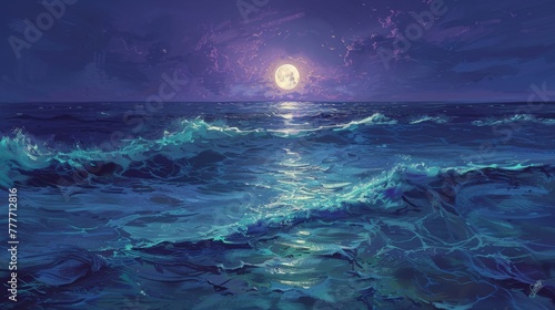 Concept art of a split sea under the moonlight  one half of the water smooth and glowing in pastel lavender  the other half textured with pastel mint green waves.