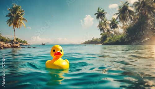A yellow rubber duck floating in the water of a luxurious resort with palm trees on a sunny day. Generative AI