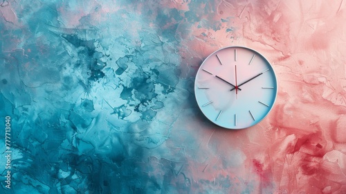 Contemporary wall clock against a soft pink and blue watercolor texture.