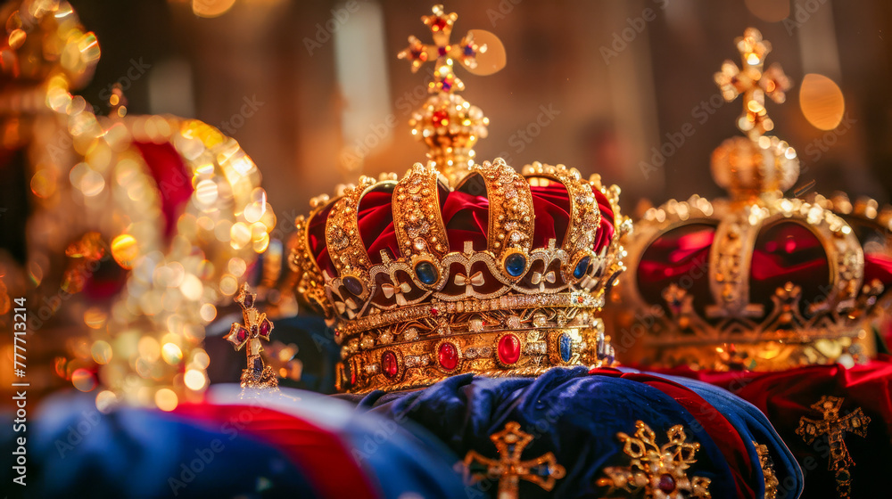 Ornate royal crowns with jewels on a velvet surface under soft lighting