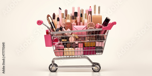 Shopping cart full with makeup cosmetics with accessories Online shopping concept 