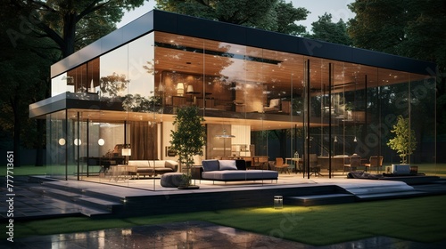 Modern glass house with minimalist design, and reflecting on a tranquil water surface.