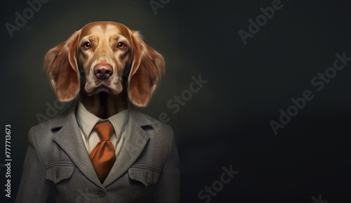 Banner with a pointer, purebred dog in a business suit. Elegant and stylish advertisment with copy space.