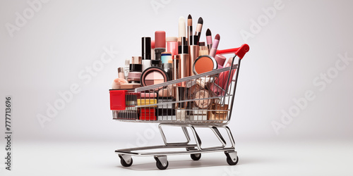 cosmetics with accessories in shopping cart filled with makeup isolated on HD background Online cosmetic Shopping concept 