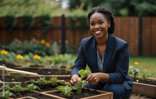 A pleasant black business woman is busy with plants in the garden and smiling at the camera.