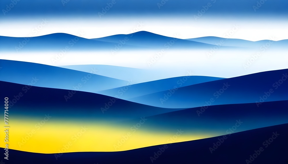 Rolling hills with colorful gradients from dark blue to yellow, trees silhouetted on hilltops, under a cloudy sky.