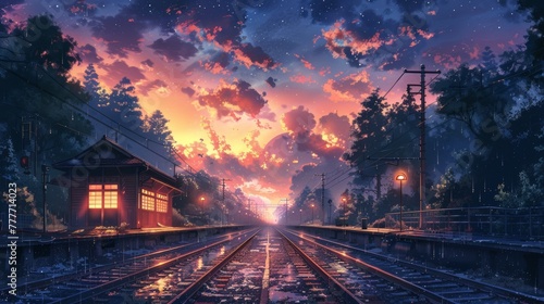 Railway rails and an evening landscape photo