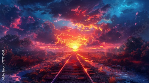 A railroad rail landscape in the evening