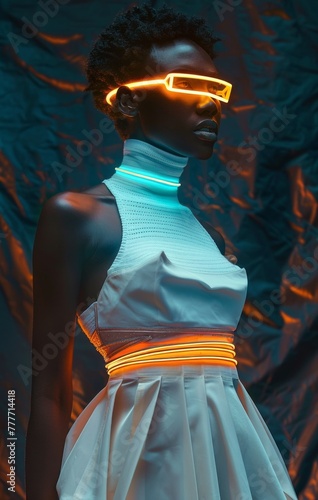 A striking portrait showcasing modern fashion with neon accents set against a dark background