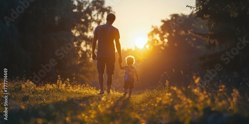 Man and Child Walking Through Field at Sunset