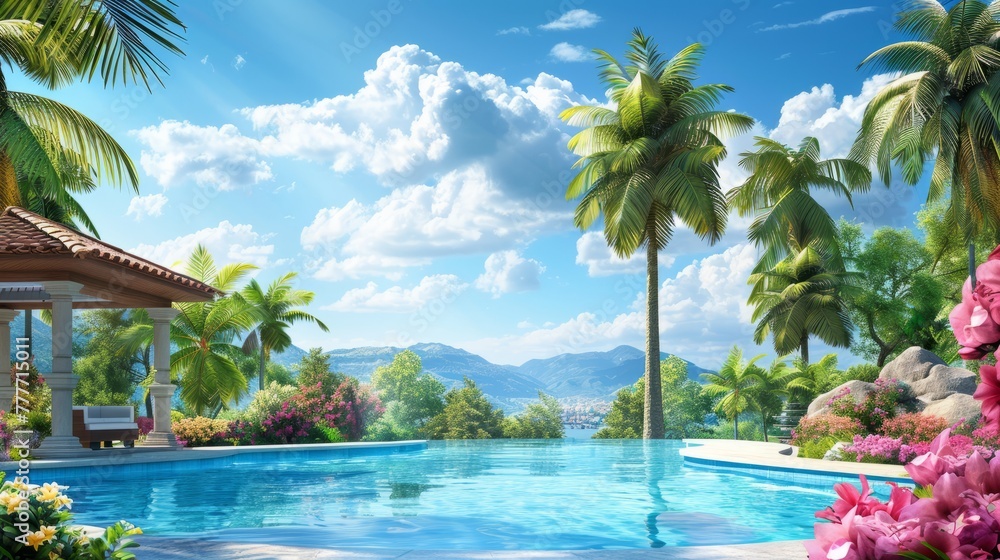 Vibrant image capturing a luxurious poolside with lush palm trees and a gazebo, evoking a sense of summer and relaxation