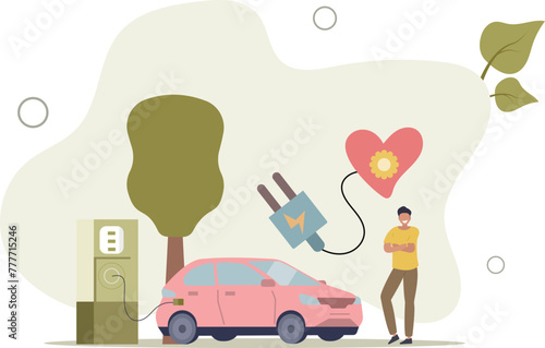 charging an electric car at a special station. the concept of purity of nature.
