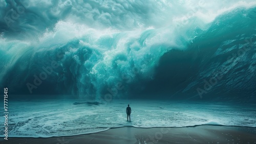 dream where person facing a giant wave in their dream, symbolizing overwhelming challenges or emotions photo