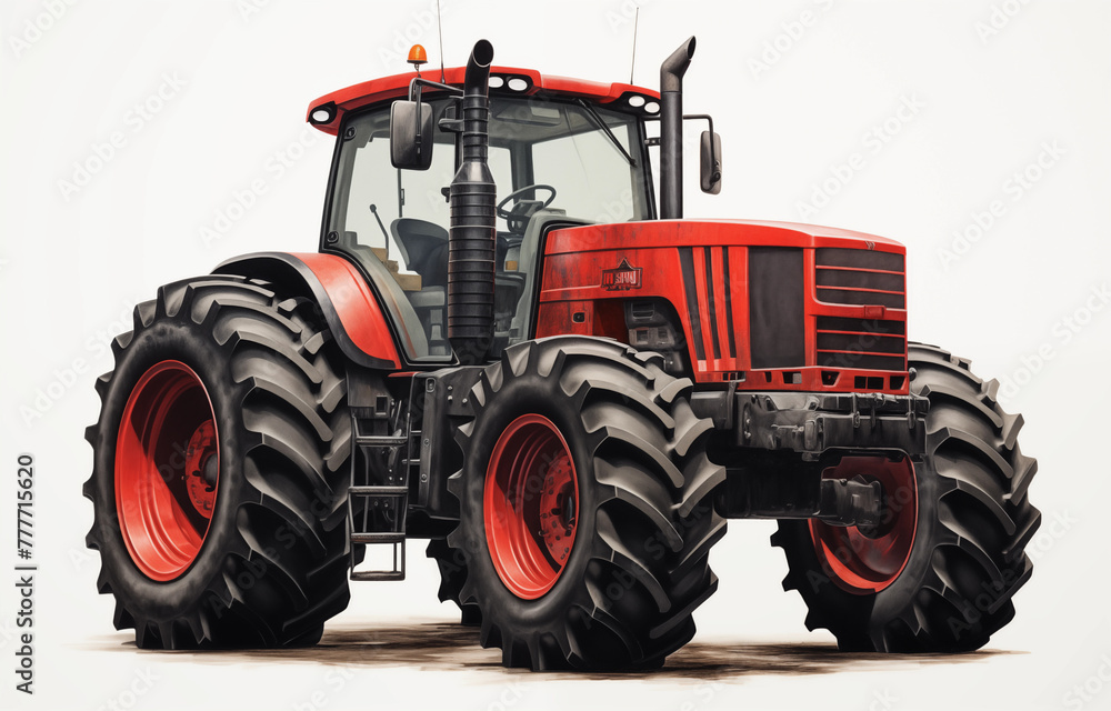 High detailed illustration of a farm tractor red agricultural tractor is vividly depicted isolated on white background High detailed illustration of a farm tractor red agricultural tractor is vividly depicted isolated on white background