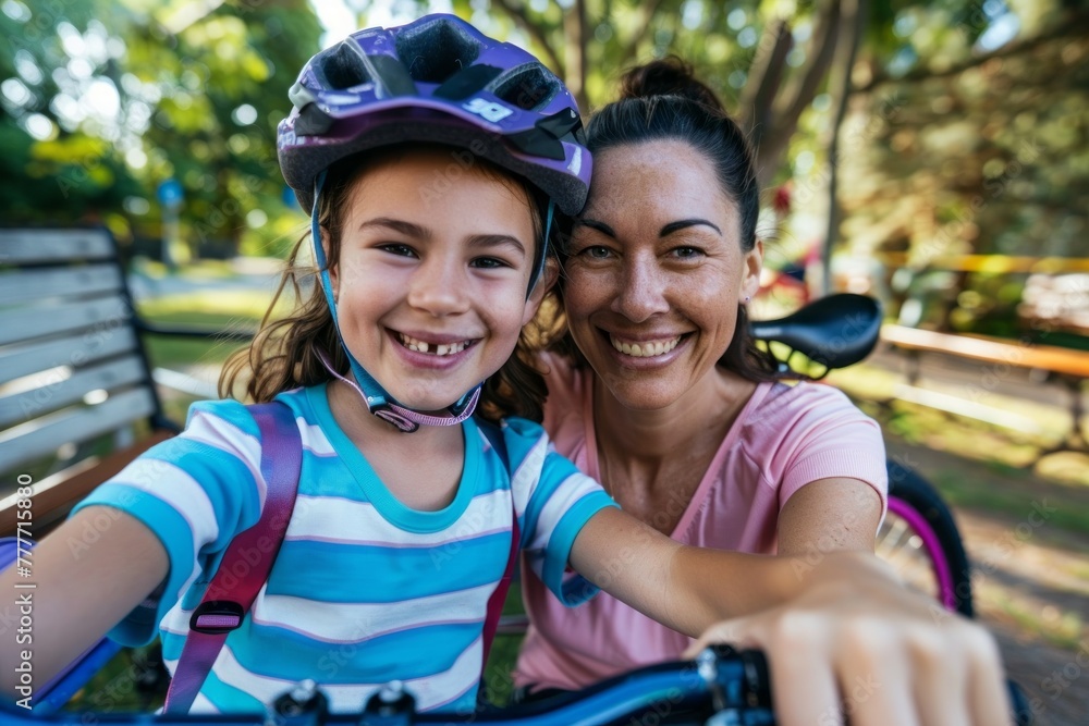 A heartwarming moment of mother and child wearing bike helmets, sharing a selfie and smiles in a park A heartwarming moment of mother and child wearing bike helmets, sharing a selfie and smiles in a park