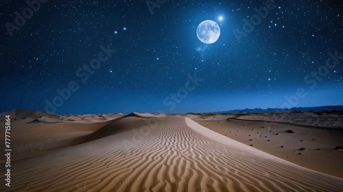 A moonlit desert landscape, the dunes casting long shadows under the night sky, stars twinkling above in vast numbers, evoking a sense of mystery and the sublime vastness of the universe.