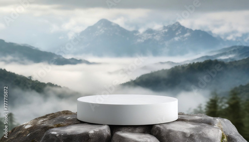 white round podium on rocks with misty mountains background, for product display presentation © anandart
