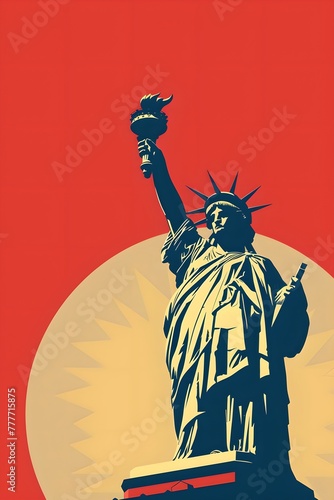 Statue of Liberty on red background. Independence Day, Memorial Day concept. Minimalistic illustration for design, print, poster, wallpaper
